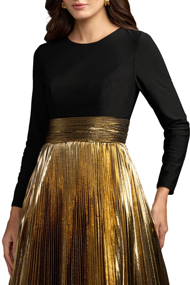 Long Sleeve Pleated Midi Dress, Alternate, color, Black Gold