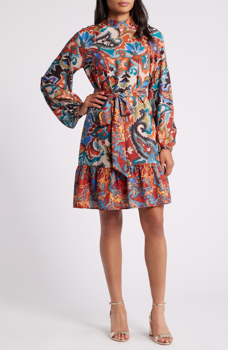Tahari ASL Twin Print Tie Belt Mock Neck Long Sleeve Dress, Main, color, 
