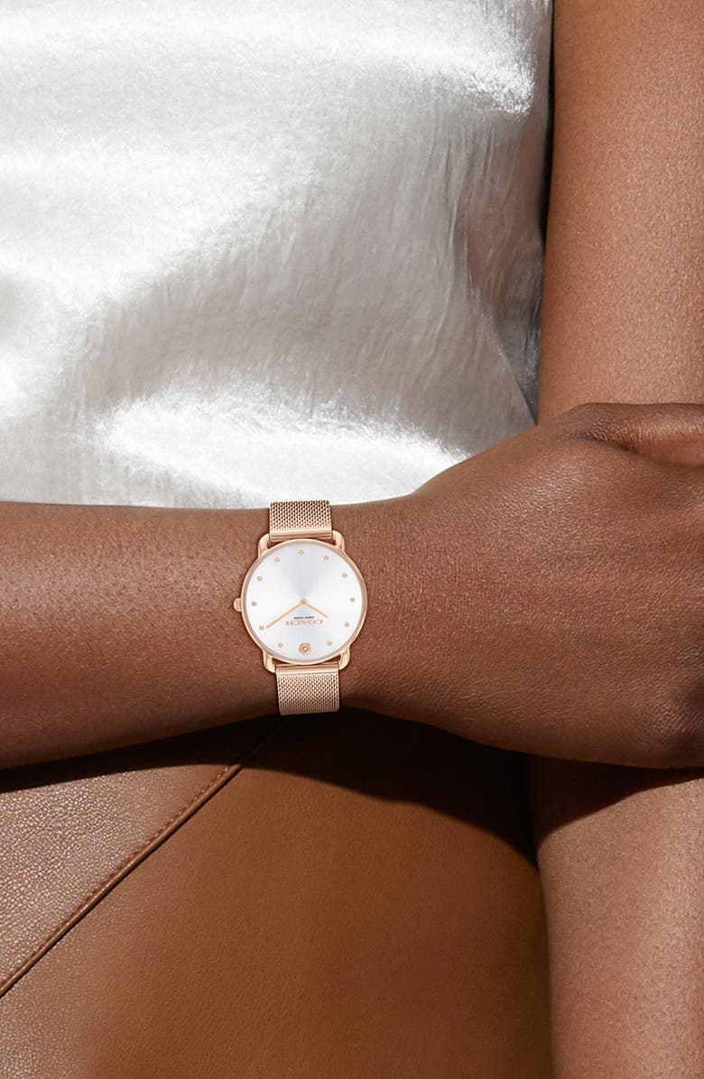 COACH Elliot Mesh Strap Watch, 36mm, Alternate, color, Silver White/Rose Gold