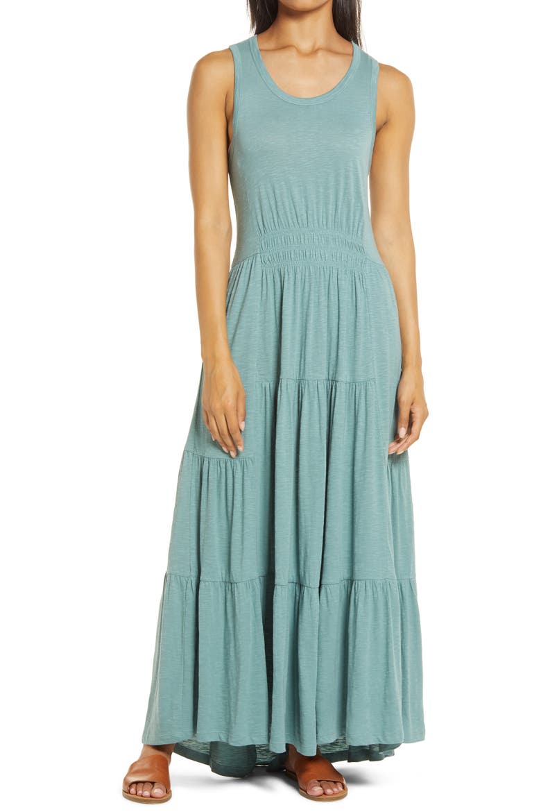 Tiered Smocked Waist Jersey Maxi Dress, Main, color, GREEN TRELLIS