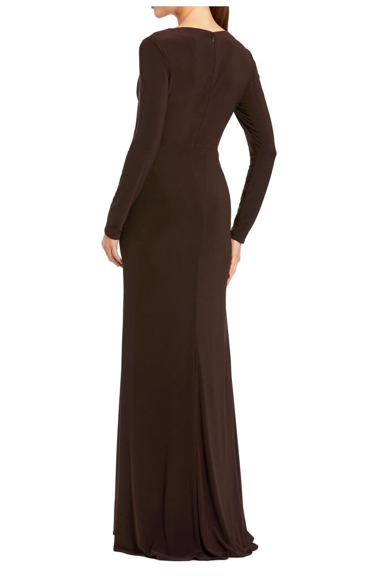 Mac Duggal Faux Wrap Long Sleeve Appliqué Detail Gown, Alternate, color, Chocolate