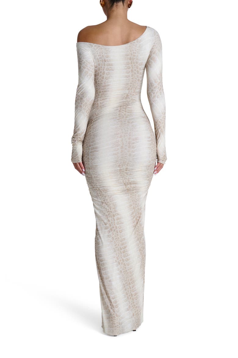 Ruched Off the Shoulder Long Sleeve Maxi Dress, Alternate, color, BONE CROCODILE
