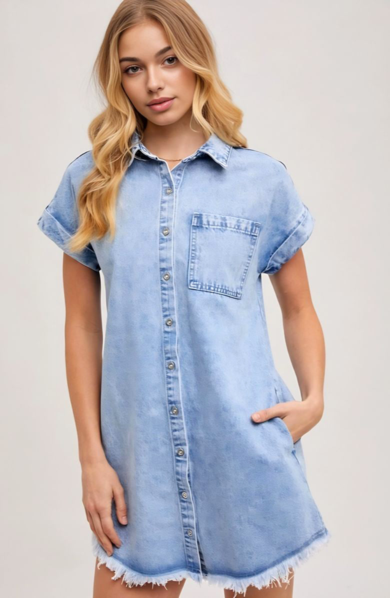 Knit and Lounge Cap Sleeve Denim Shirt Dress, Alternate, color, Light Blue Denim