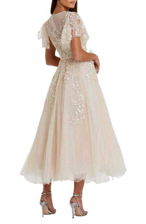 Mac Duggal Embellished Flutter Sleeve Bow Waist A Line Dress In Nude