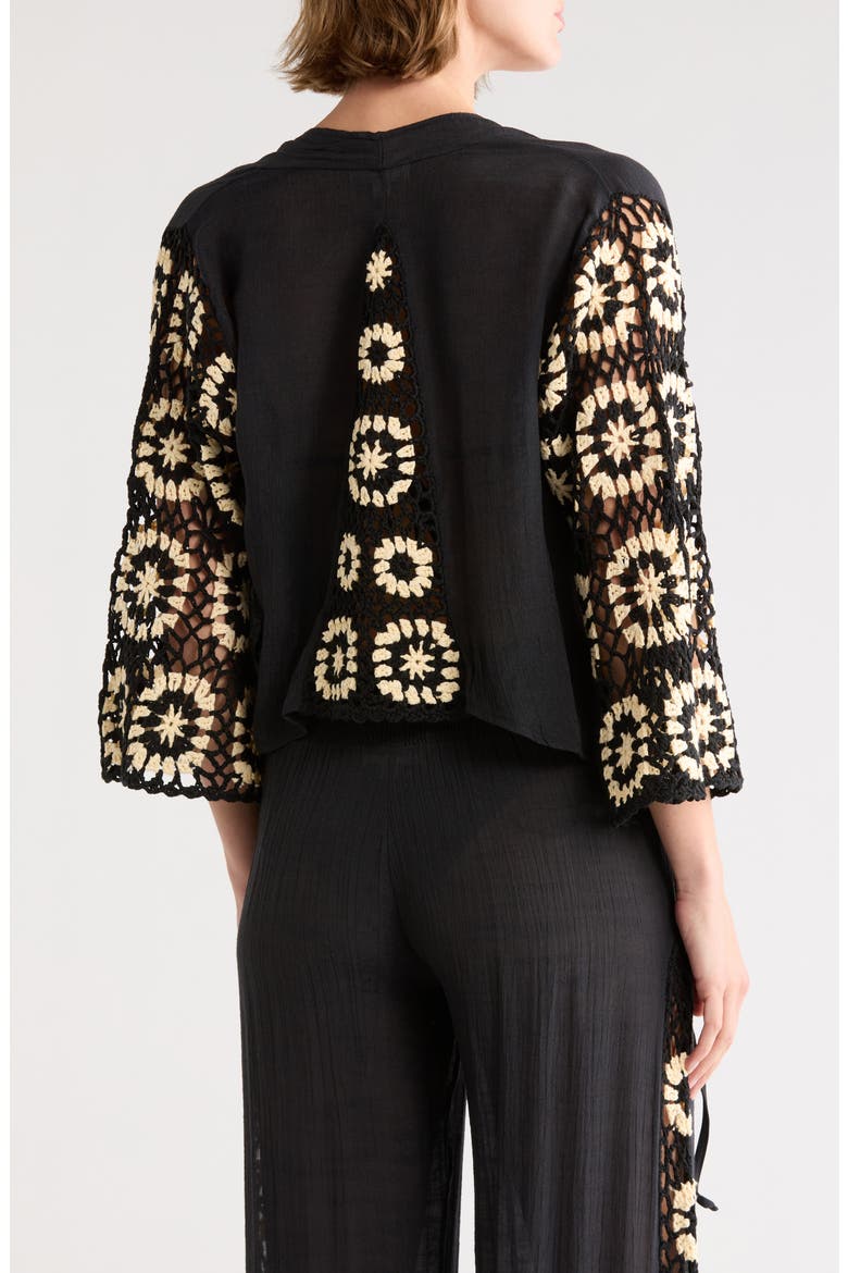 Crochet Long Sleeve Tie Front Cover-Up Top, Alternate, color, BLACK/ WHITE COMBO