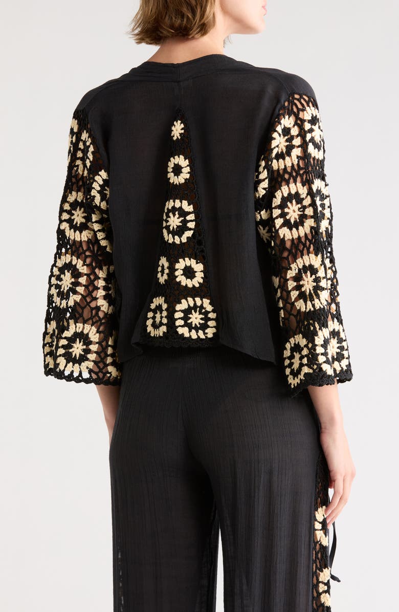 Elan Crochet Long Sleeve Tie Front Cover-Up Top, Alternate, color, Black/ White Combo