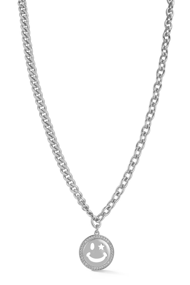 Cubic Zirconia Smiley Face Pendant Necklace, Main, color, SILVER