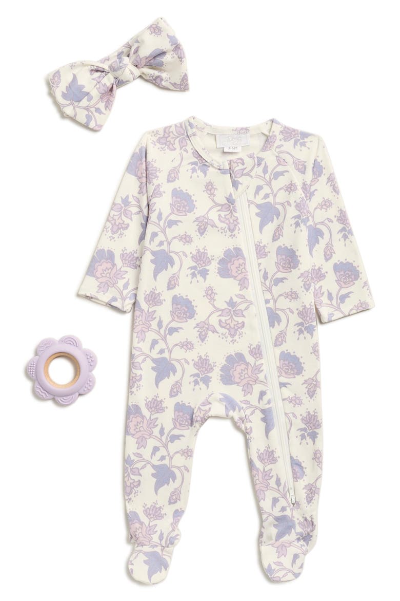 Ditsy Floral Print Footie, Bow & Teether Set, Main, color, DUSTY PLUM