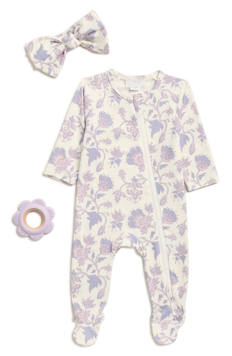 Toby Ditsy Floral Print Footie, Bow & Teether Set, Main, color, Dusty Plum