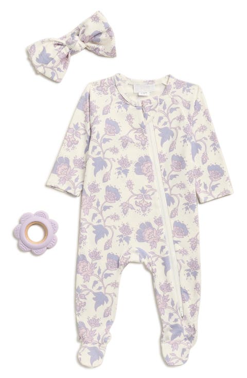 Ditsy Floral Print Footie, Bow & Teether Set