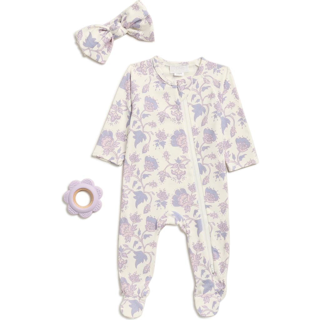 Toby Ditsy Floral Print Footie, Bow & Teether Set In Purple