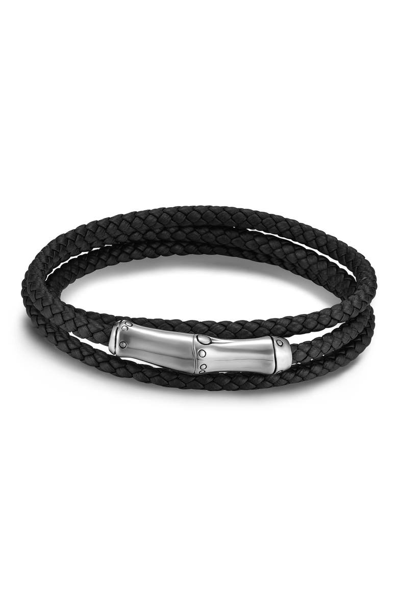 Men's Bamboo Motif Leather Wrap Bracelet, Main, color, SILVER/ LEATHER