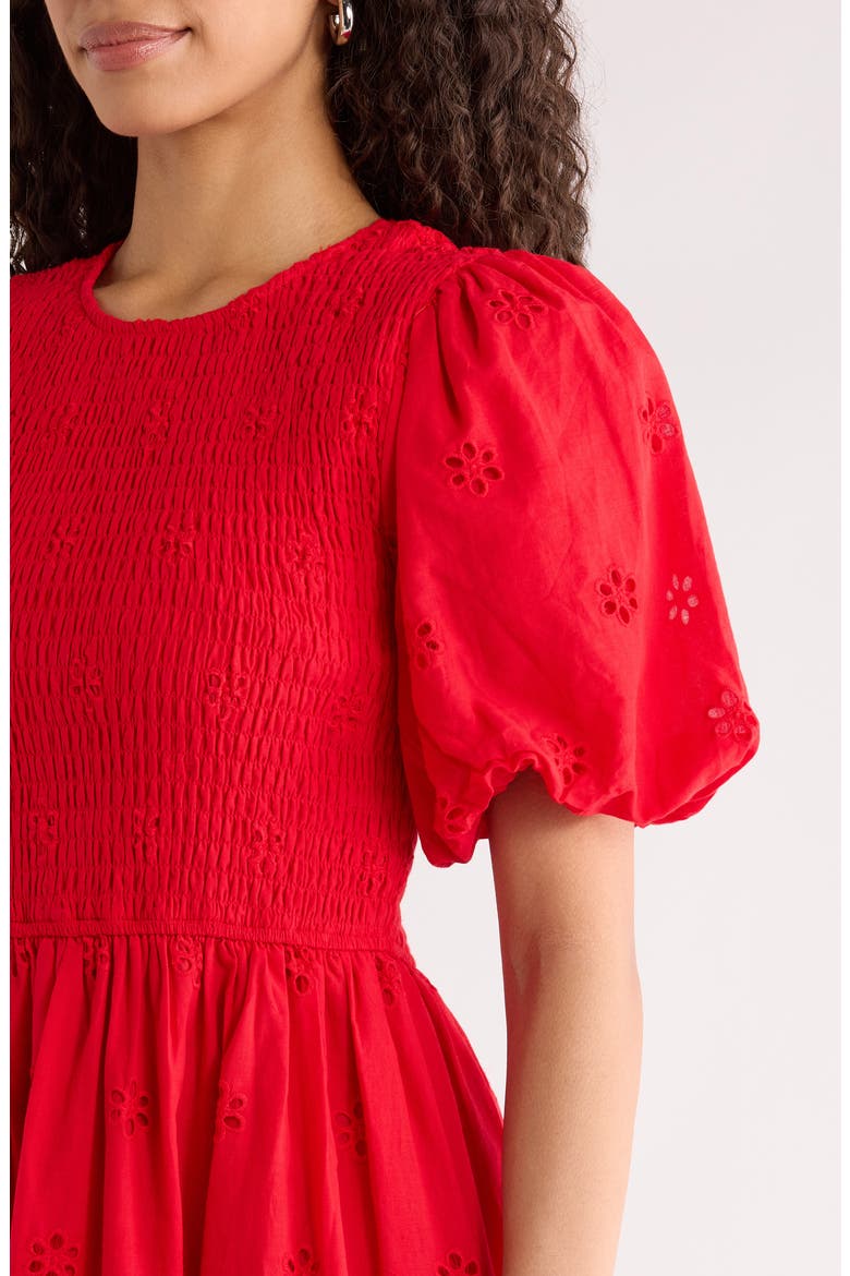 Deana Eyelet Smocked Midi Dress, Alternate, color, RED