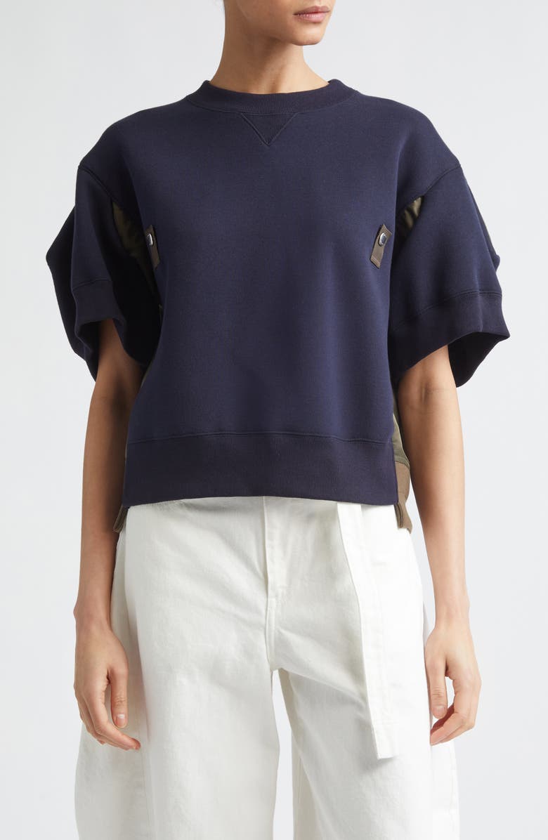 Sacai Sponge Short Sleeve Pullover Sweatshirt, Main, color, Navy/ Dark Khaki