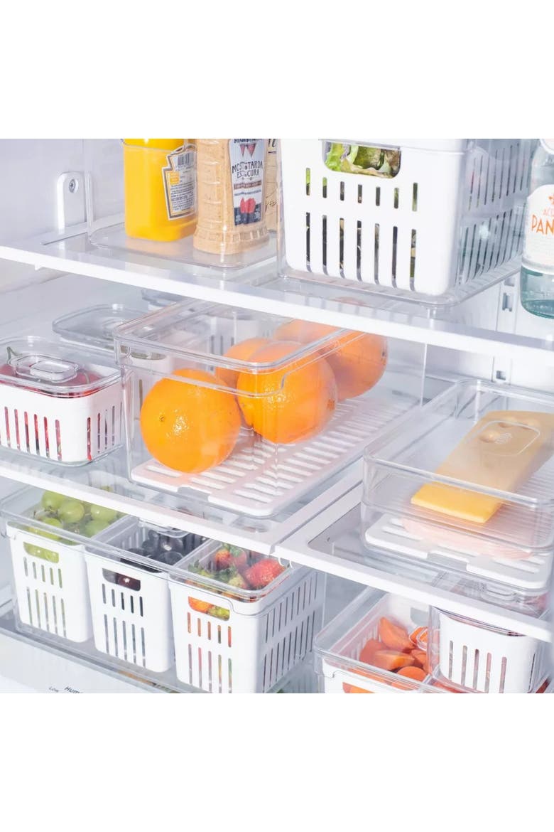 Clear Stackable Fridge Organizer Bin with Drain Tray and Vented Lid, 4 Pack, Alternate, color, Clear with White Drainer