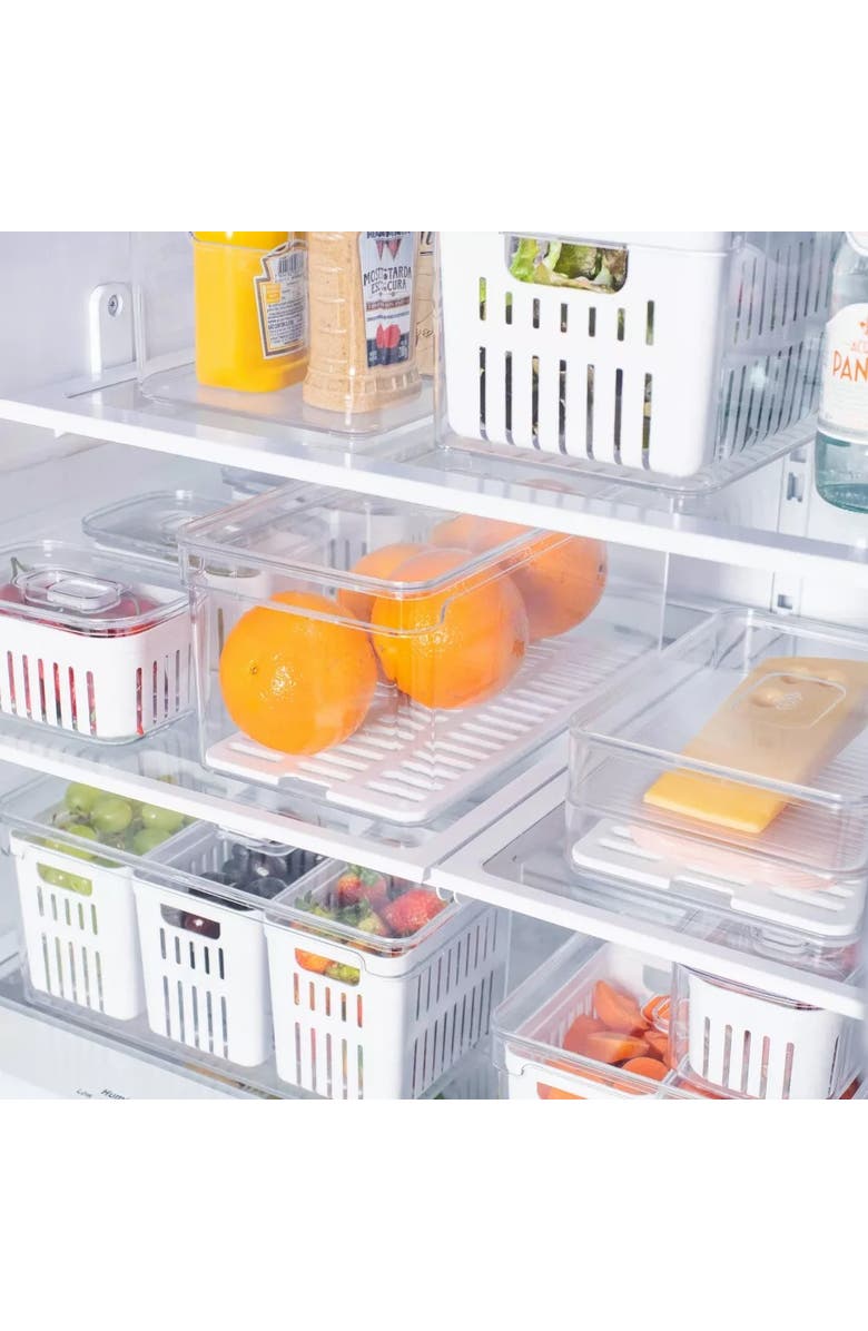 OU Clear Stackable Fridge Organizer Bin with Drain Tray and Vented Lid, 4 Pack, Alternate, color,