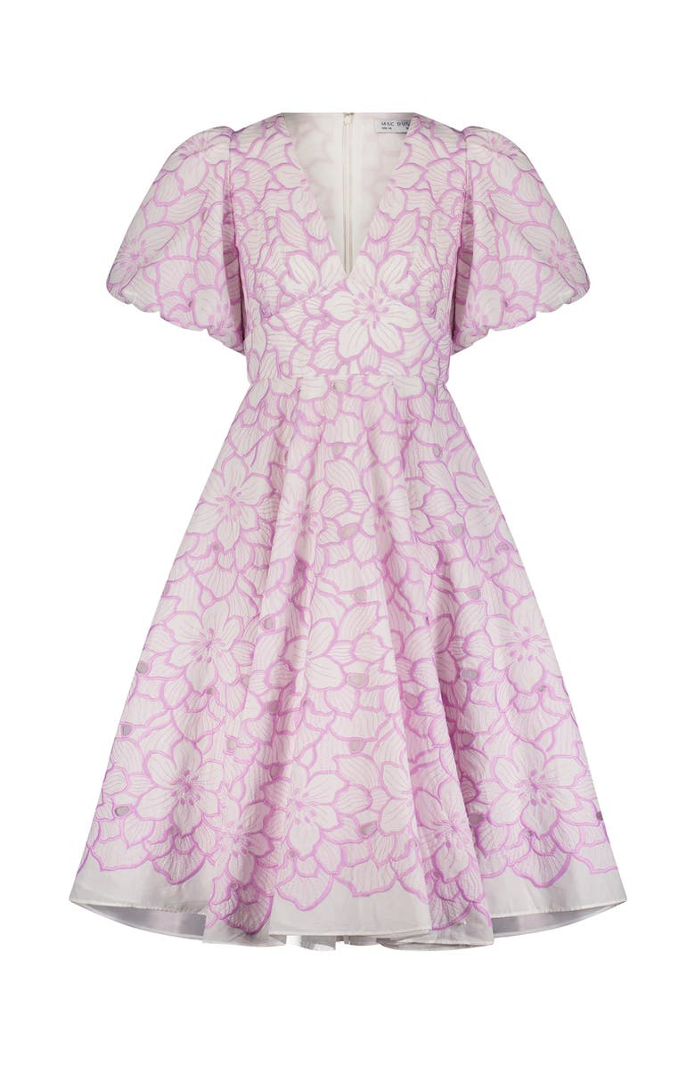 Mac Duggal Puff Sleeves Embroidered V Neckline Floral Dress, Alternate, color, Orchid White