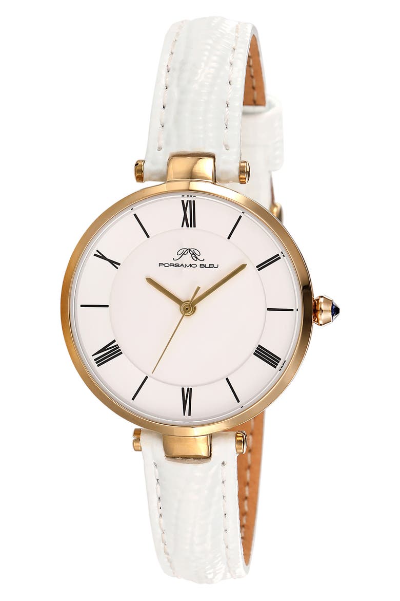 Bellevue Leather Strap Watch, 32mm, Main, color, WHITE GOLD TONE