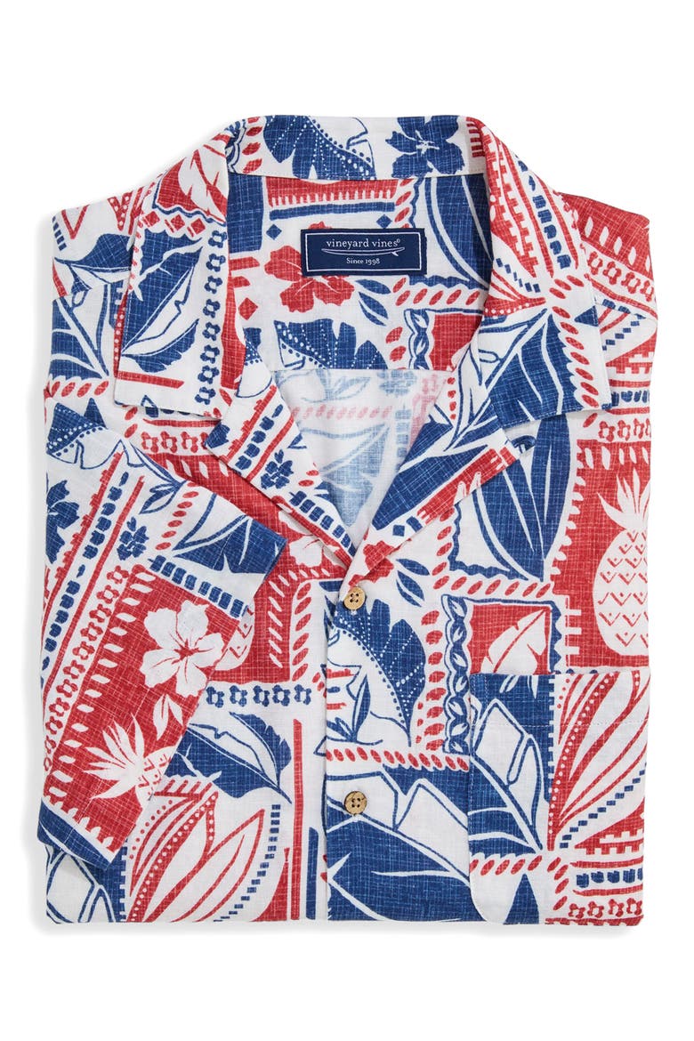 Waikiki Woodblock Print Camp Shirt, Alternate, color, ISLAND WHITE BLUE  MULTI