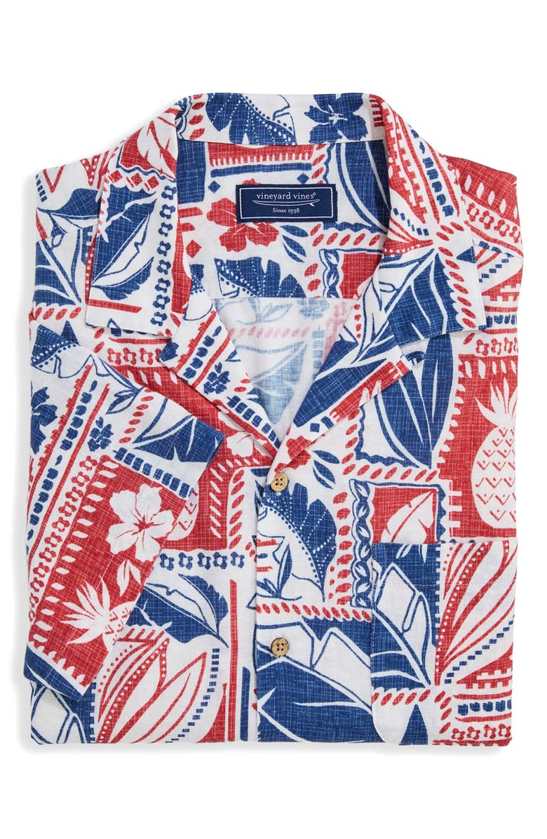 vineyard vines Waikiki Woodblock Print Camp Shirt, Alternate, color, Island White Blue  Multi