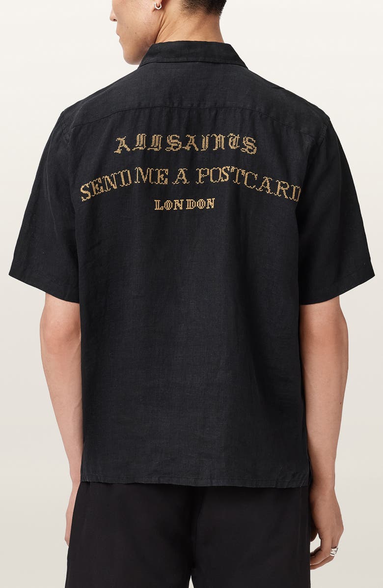 AllSaints Dunloe Embroidered Linen Button-Up Camp Shirt, Alternate, color, Jet Black