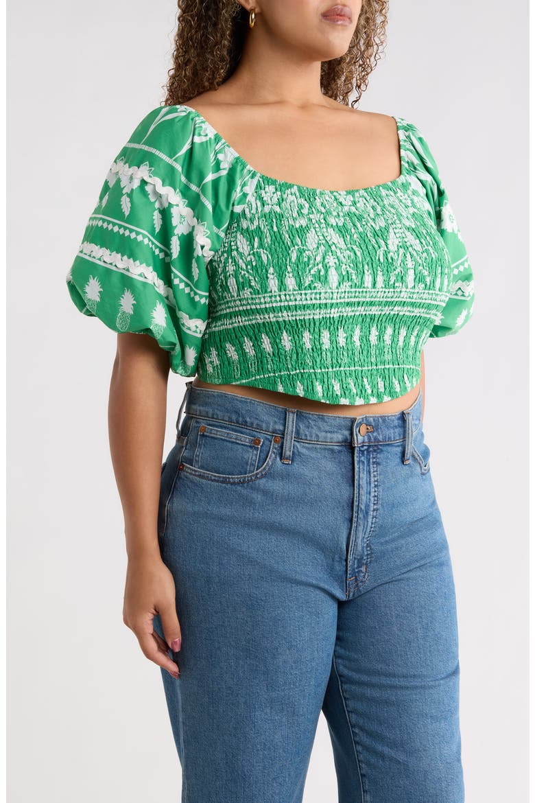 Bubble Sleeve Smocked Crop Top, Alternate, color, GREEN-WHTE