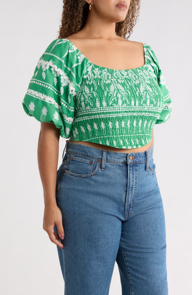 SUGARLIPS Bubble Sleeve Smocked Crop Top, Alternate, color, Green-Whte