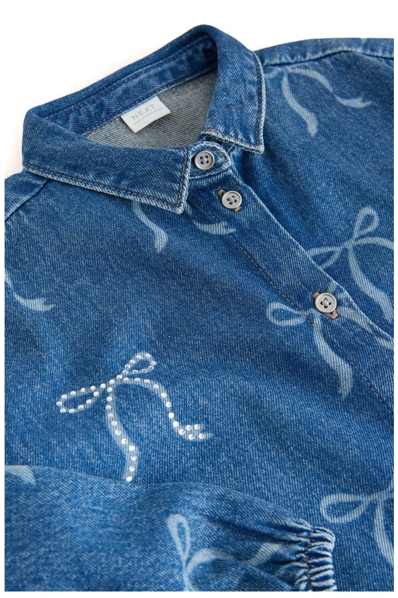 Kids' Bow Diamante Long Sleeve Denim Shirtdress, Alternate, color, BLUE