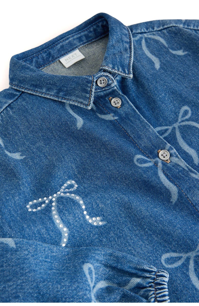 NEXT Kids' Bow Diamante Long Sleeve Denim Shirtdress, Alternate, color, Blue