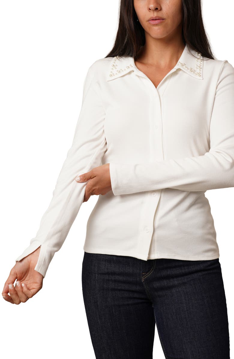 CYRUS Faux Pearl Collar Button-Up Shirt, Alternate, color, Bone