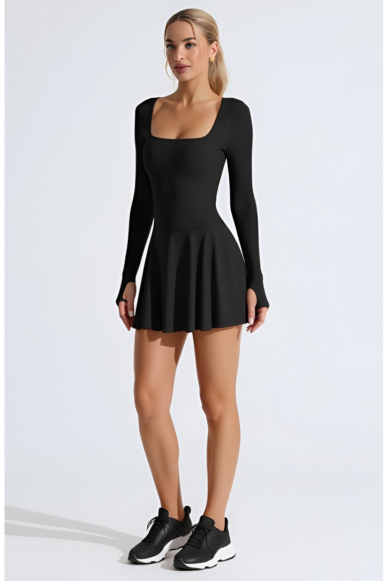 Long-Sleeve Thumbhole Open Crisscross-Back Active Romper Dress, Alternate, color, Black
