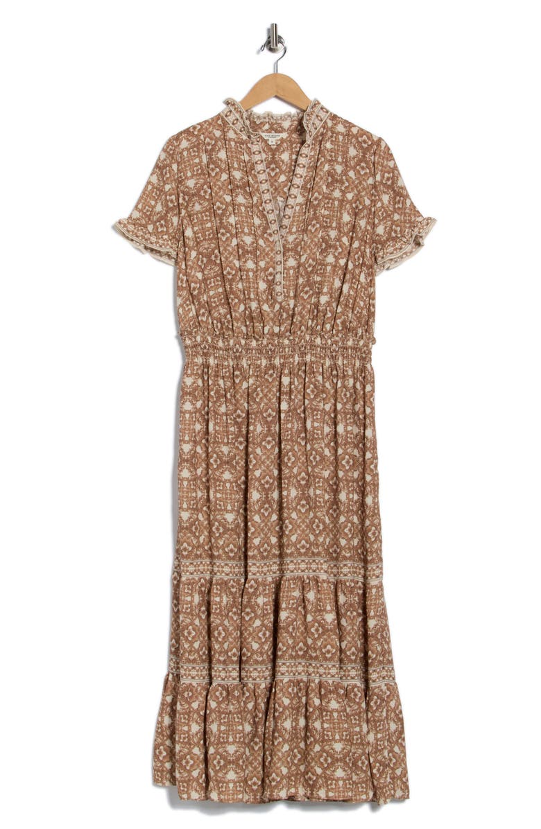 MAX STUDIO Flutter Sleeve Tiered Maxi Dress, Alternate, color, Cream/ Sepia Magnolia Kaleido