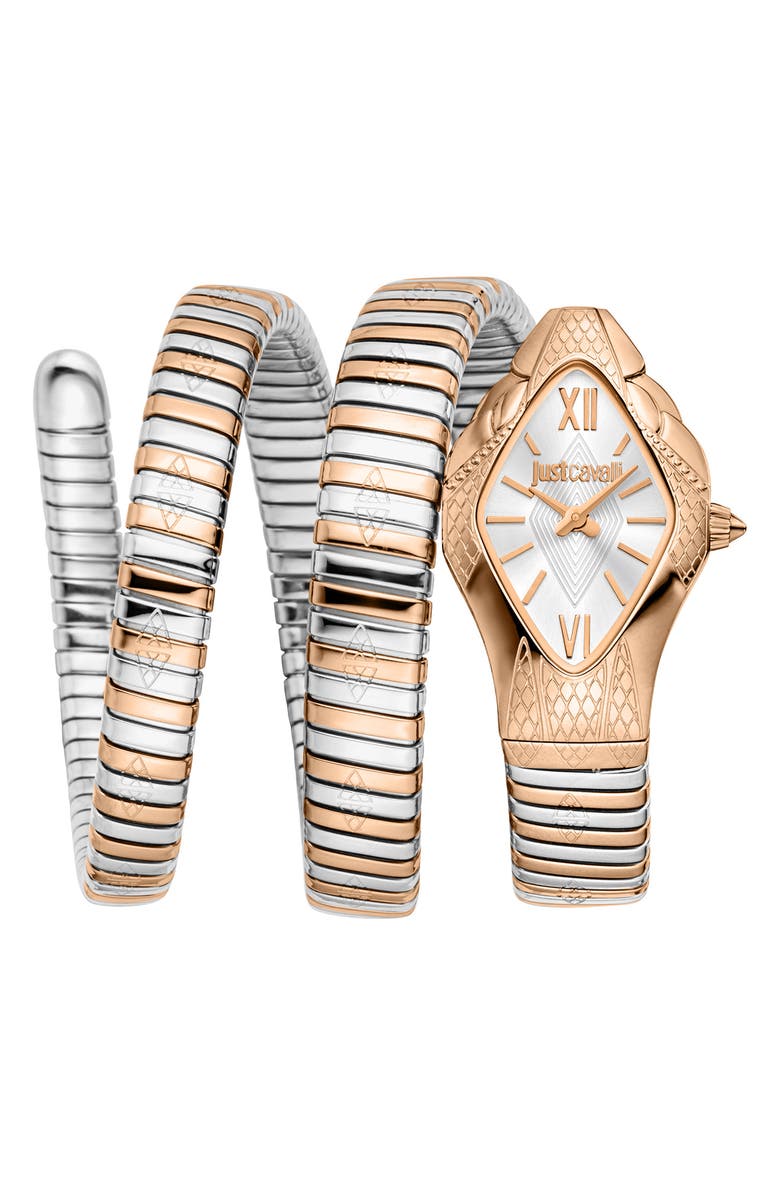 Just Cavalli Two Tone Coiled Snake Bracelet Watch, 22mm x 36.5mm, Main, color, Silver/ Rose Gold