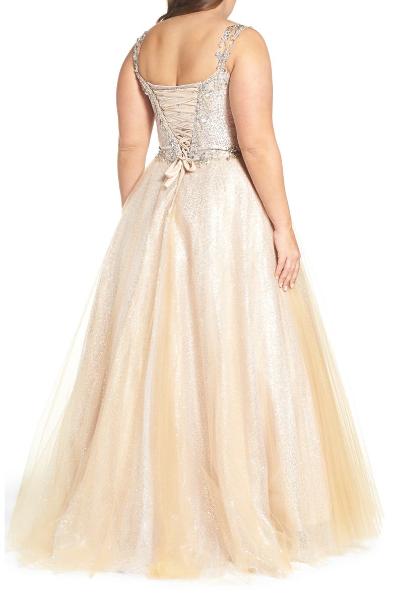 Beaded Tulle Ballgown, Alternate, color, NUDE SILVER