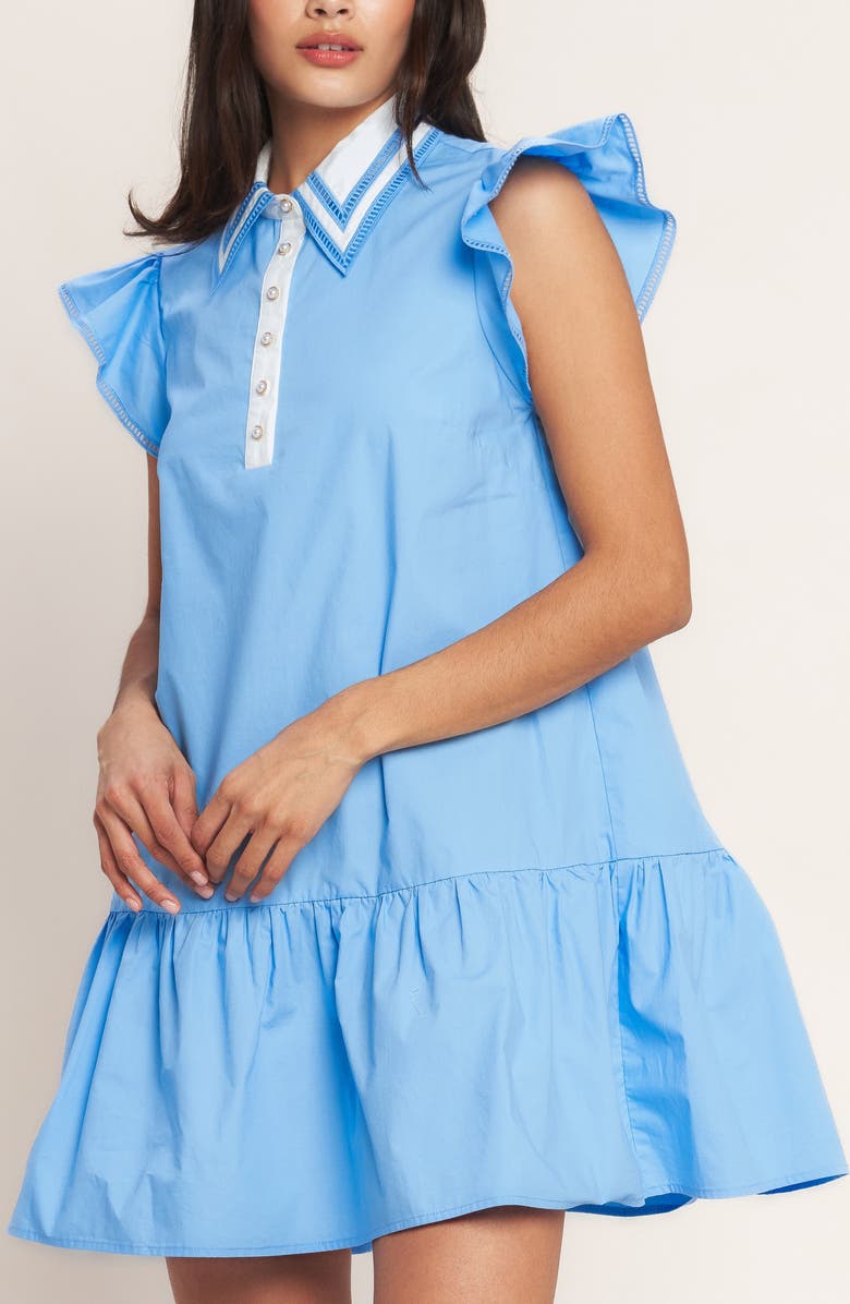 FLYING TOMATO Faux Pearl Button Cotton Shirtdress, Alternate, color, Blue
