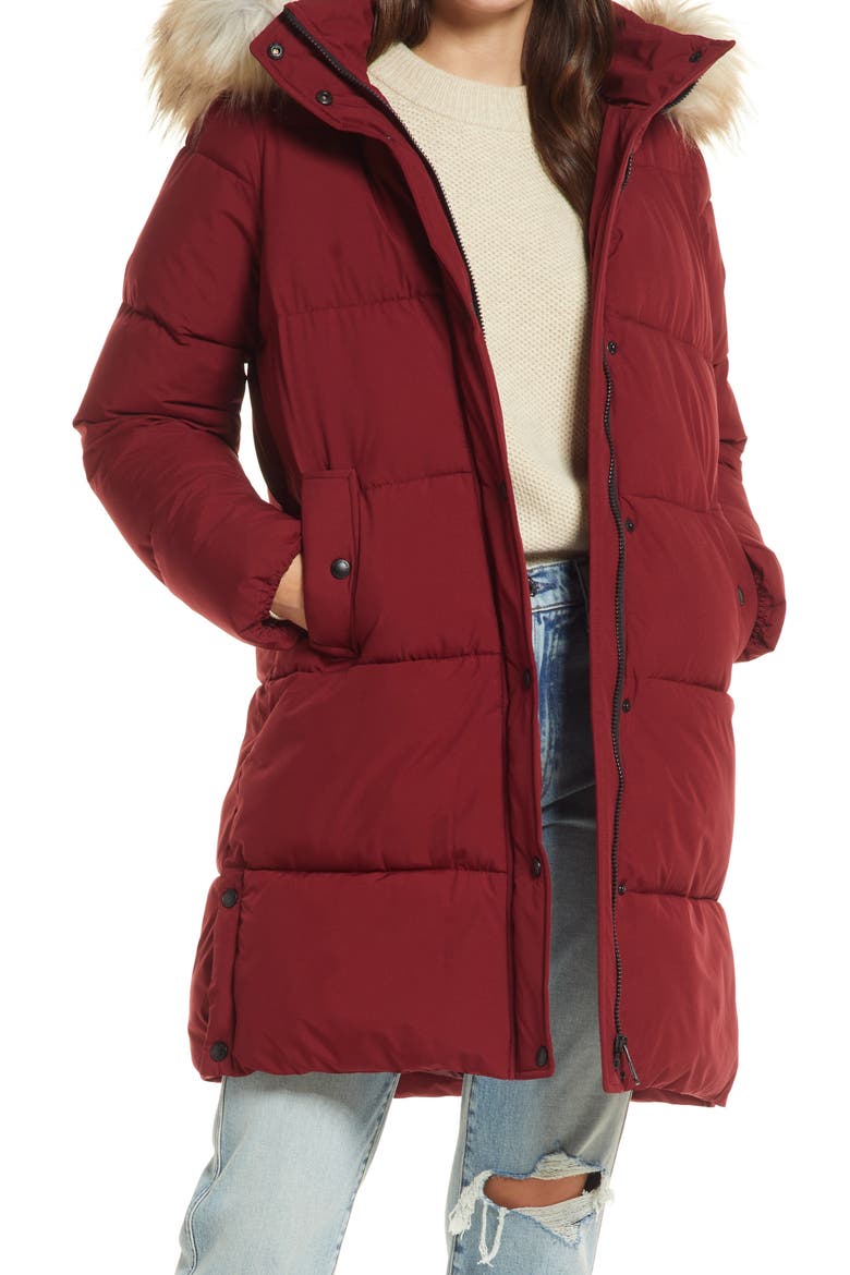 Cocoon Faux Fur Trim Water Repellent Coat, Main, color, CABARNET