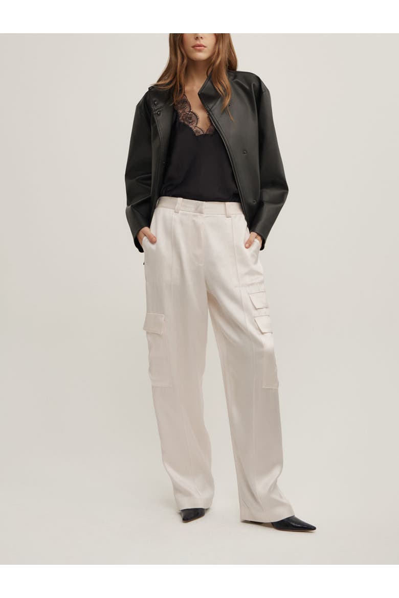 Satin High Rise Cargo Trousers, Alternate, color, Chalk