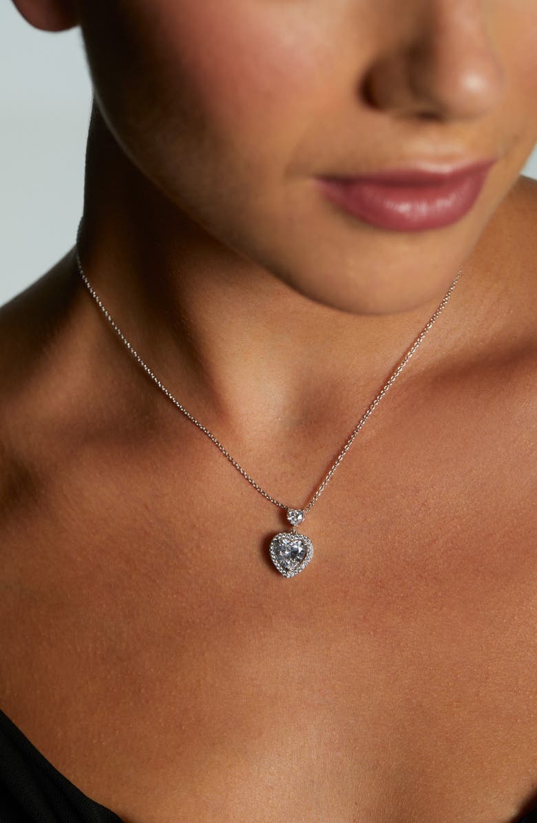Nadri Le Bisou Halo Heart Pendant Necklace, Alternate, color, Rhodium