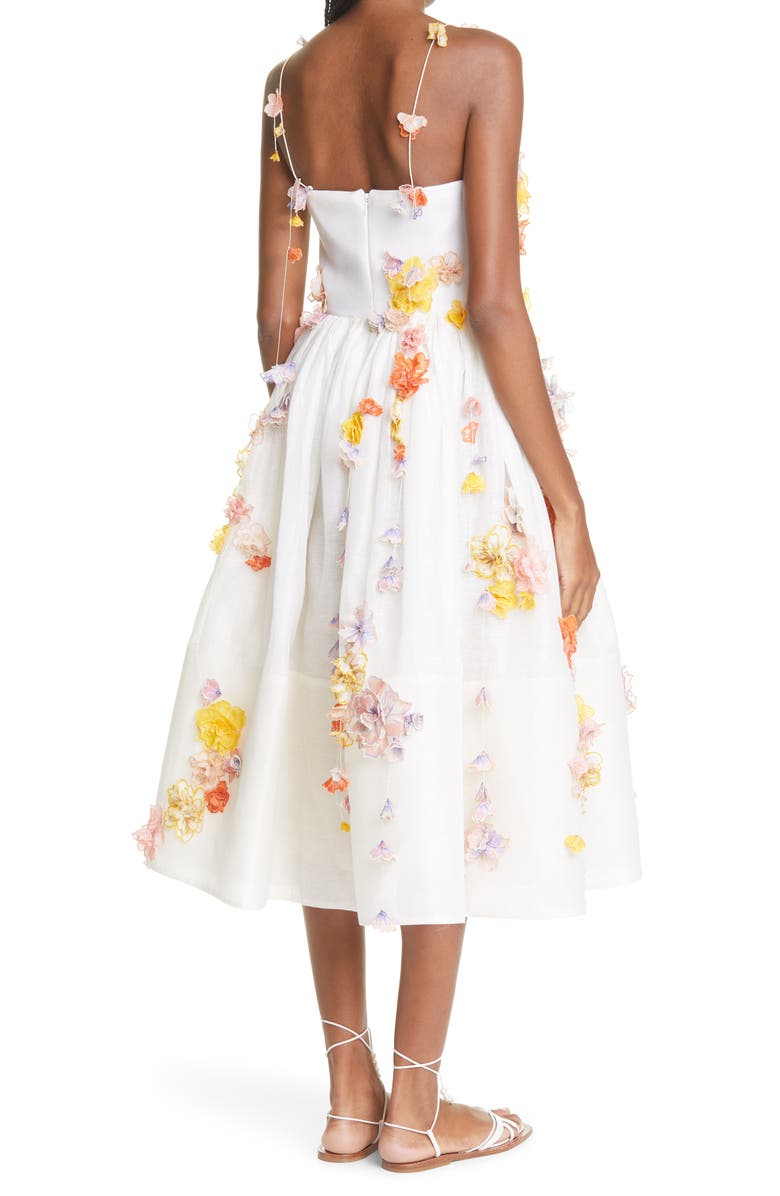 Zimmermann Postcard Floral Appliqué Linen & Silk Midi Dress, Alternate, color,