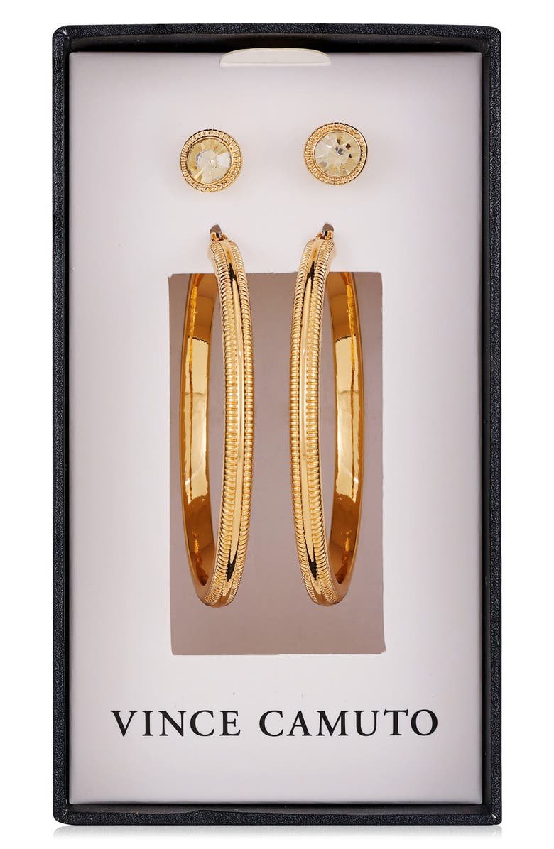 Vince Camuto Set of Two Crystal Stud & Hoop Earrings, Main, color, Gold