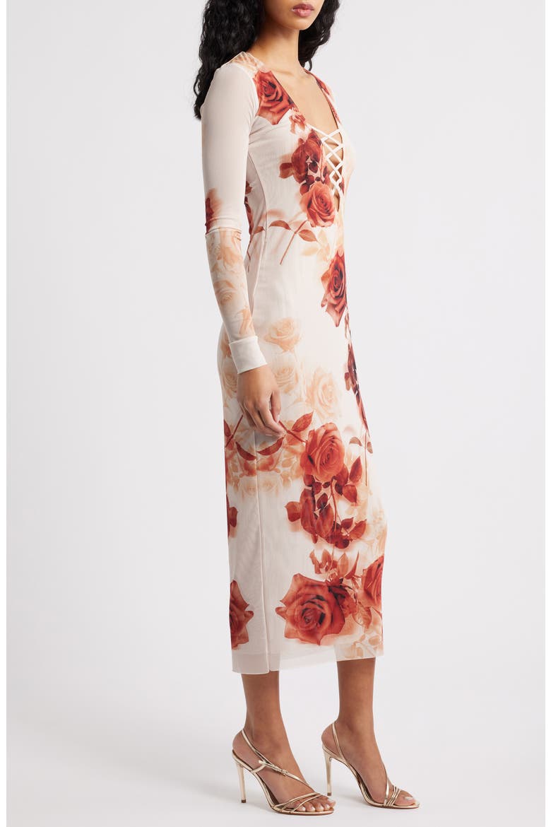 Cambria Print Long Sleeve Mesh Midi Dress, Alternate, color, SEPIA ROSES
