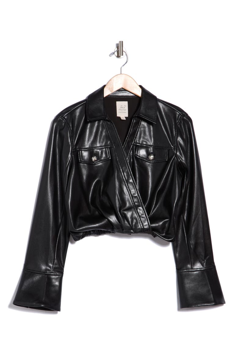 Veronique Faux Leather Surplice Top, Main, color, BLACK