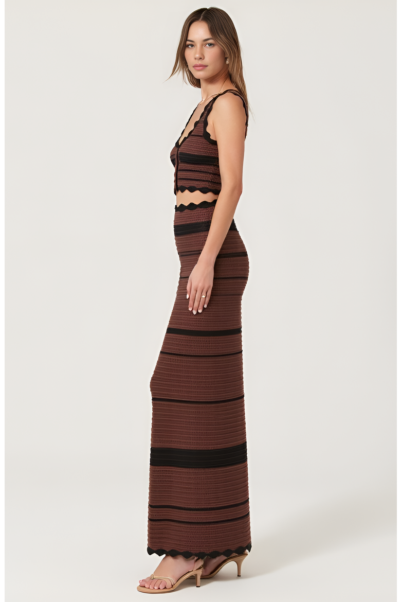 Scallop Trim Crochet Crop Top and Maxi Skirt Set, Alternate, color, Brown / Black Striped