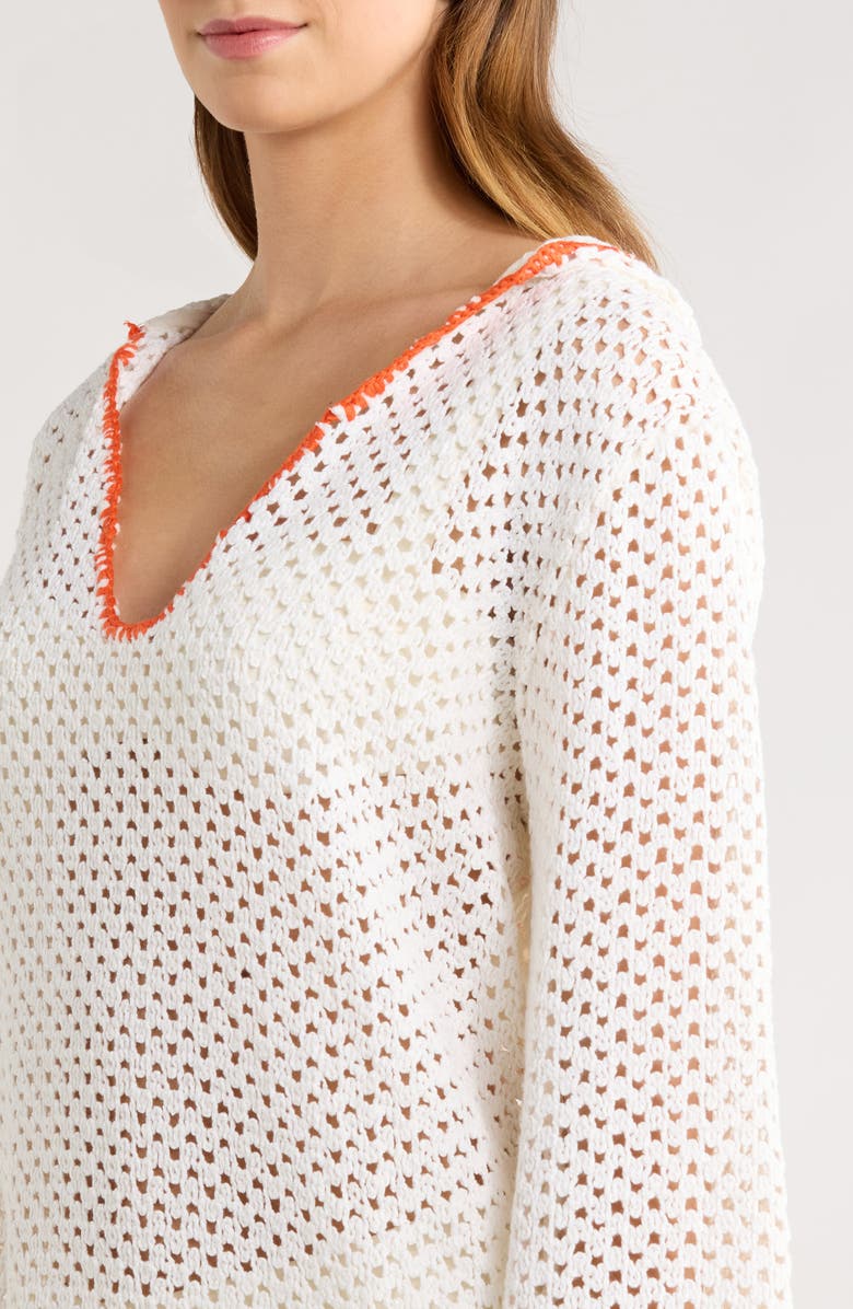 Elan Long Sleeve Sheer Open Stitch Cover-Up Dress, Alternate, color, White