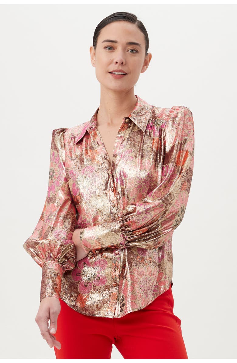 Trina Turk Sagittarius Long-Sleeve Printed Silk Blouse, Ruqa Red Multi, Main, color, Ruqa Red Multi