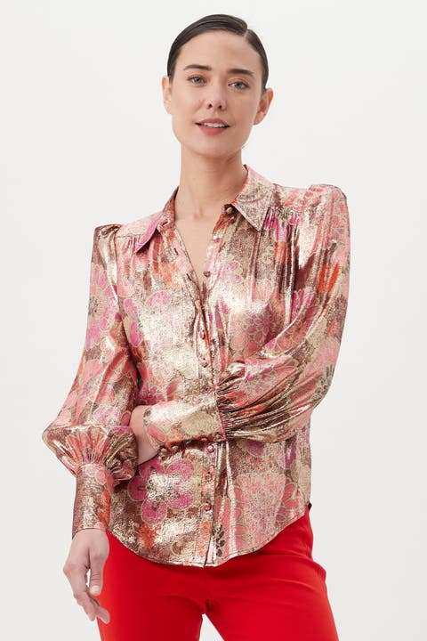 Sagittarius Long-Sleeve Printed Silk Blouse, Ruqa Red Multi