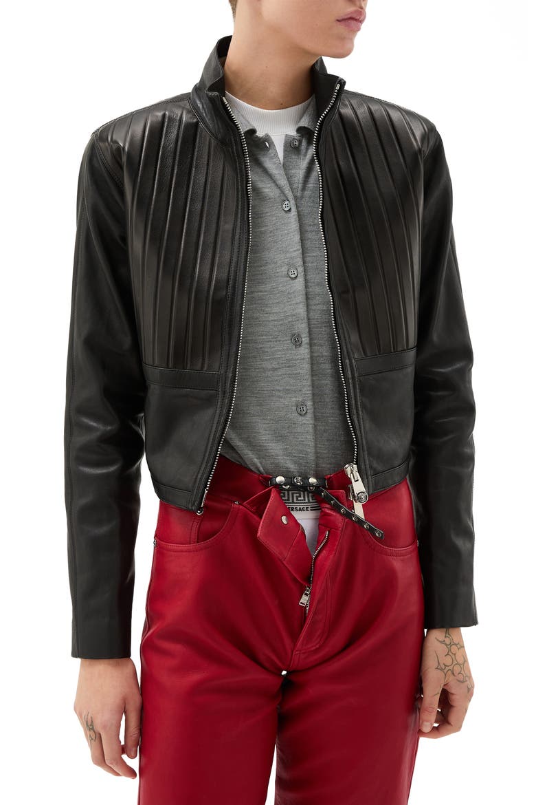 Crop Plonge Leather Jacket, Main, color, BLACK