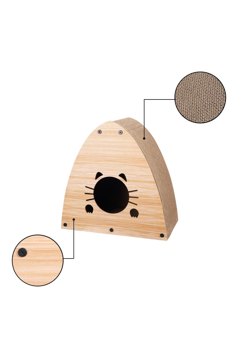 Koko Cardboard Triangle Cat Cave Scratcher with Catnip, Alternate, color, Brown Wood Grain Finish
