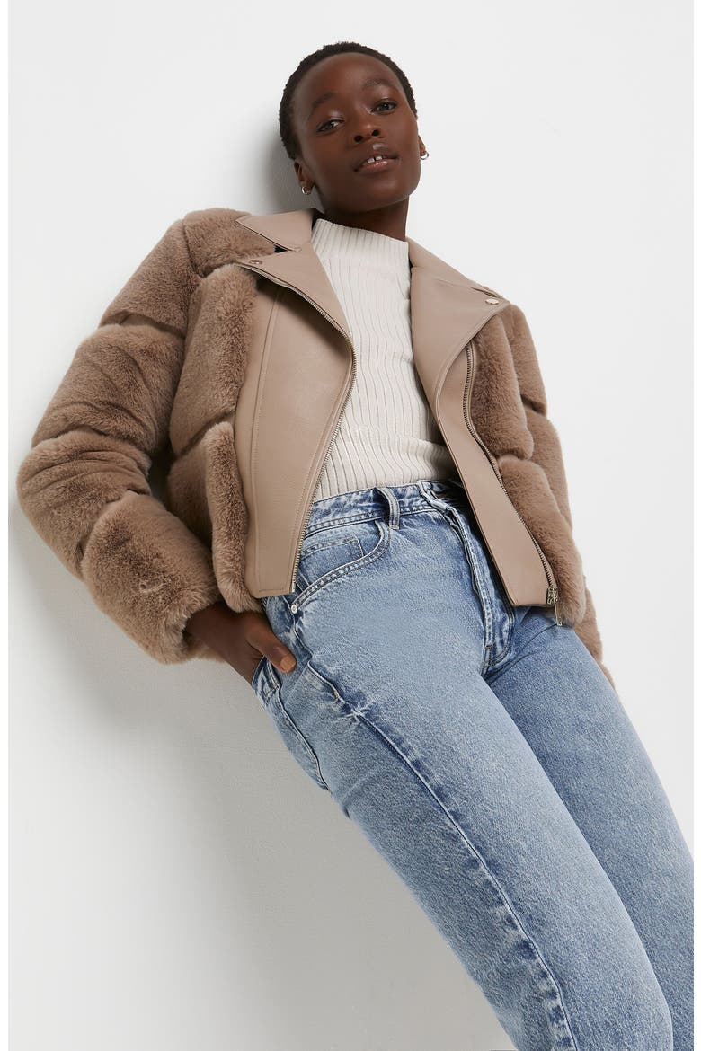 Faux Fur & Faux Leather Moto Jacket, Alternate, color, MED PINK