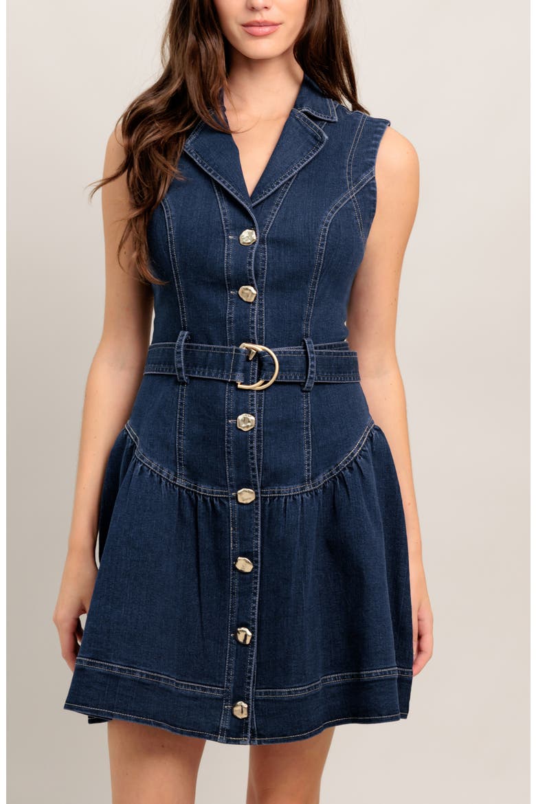 Belted Sleeveless Denim Minidress, Alternate, color, MEDIUM INDIGO